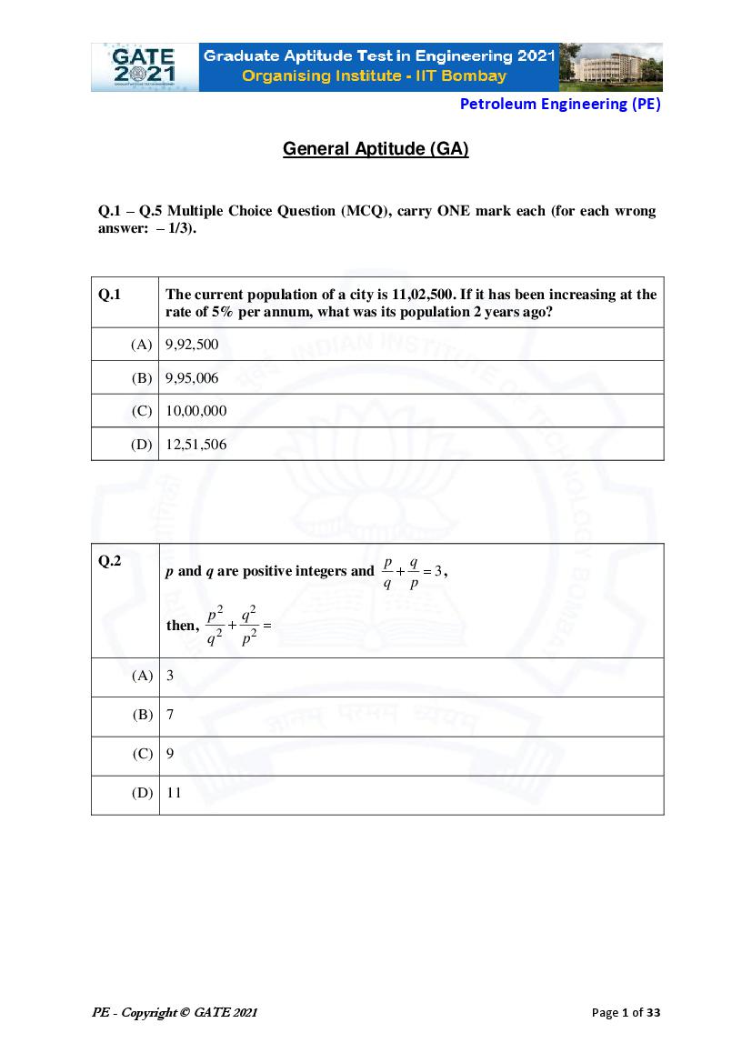GATE 2021 Question Paper PE Petroleum Engineering - Page 1