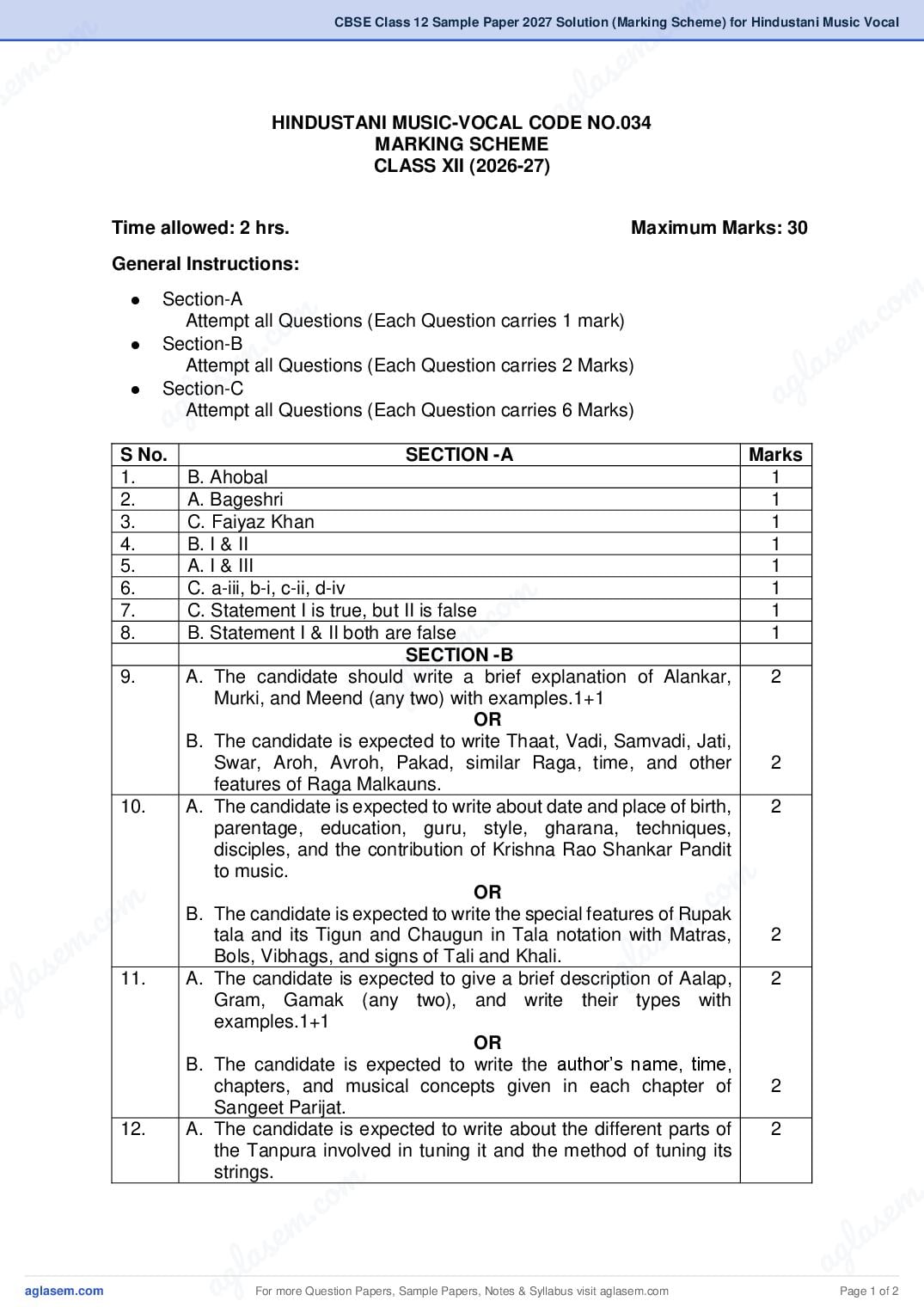 CBSE Class 12 Sample Paper 2027 Solution (Marking Scheme) for Hindustani Music Vocal - Page 1 of 2