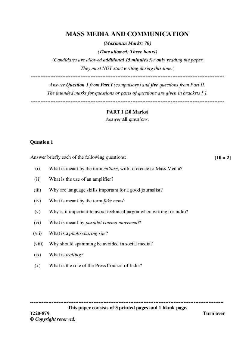 ISC Class 12 Question Paper 2020 for Mass Media and Communication - Page 1