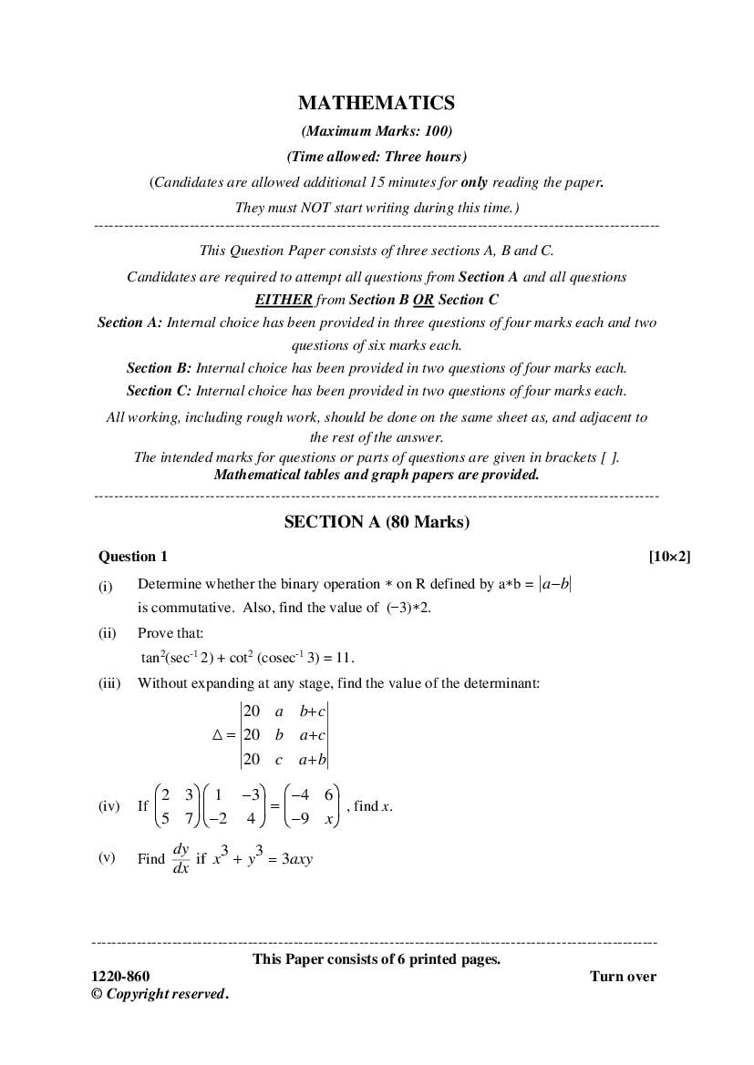 ISC Class 12 Question Paper 2020 for Mathematics - Page 1