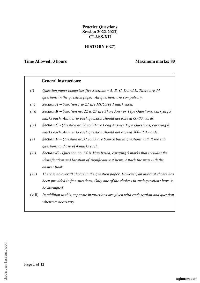 Class 12 History Sample Paper 2023 | Download 12th Board Practice ...