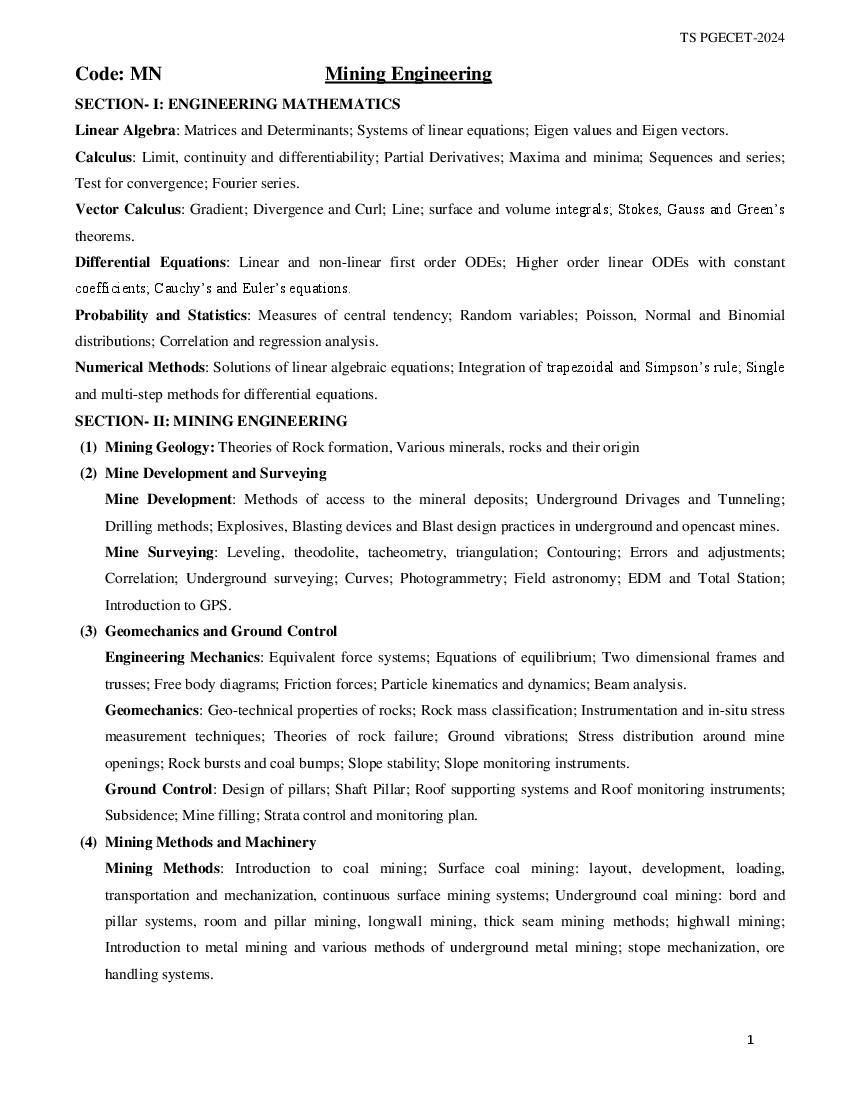 TS PGECET 2024 Syllabus Mining Engineering - Page 1