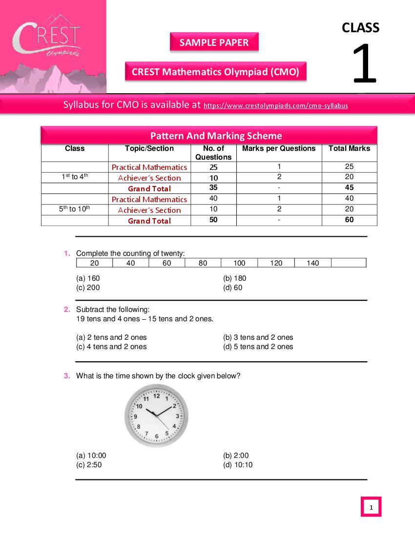 CREST Mathematics Olympiad (CMO) Class 1 Sample Paper - Page 1