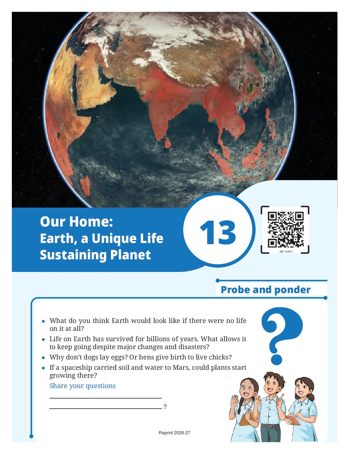 NCERT Book Class 8 Science (Curiosity) Chapter 13 Our Home: Earth, a Unique Life Sustaining Planet - Page 1 of 19