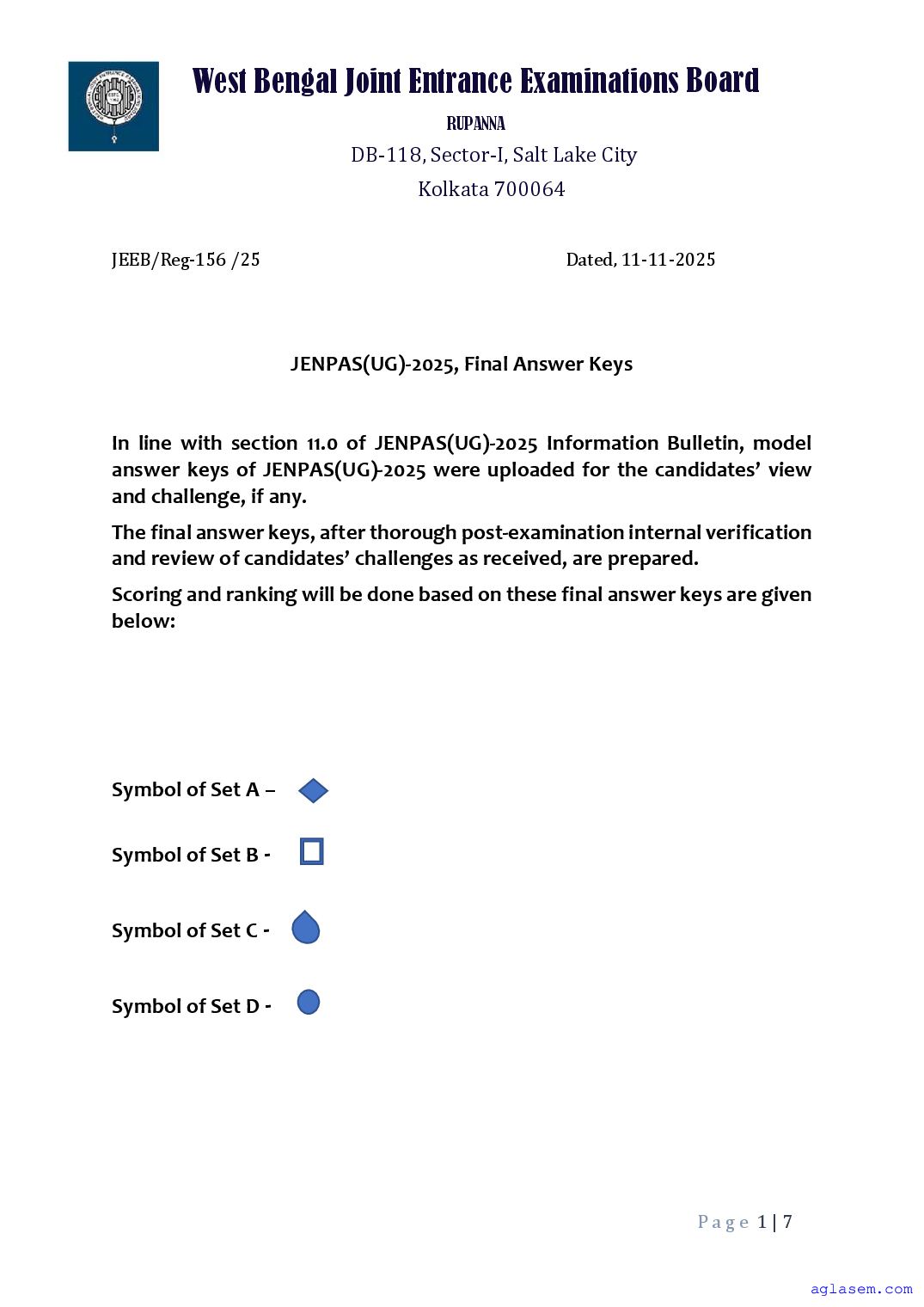 WBJEE JENPAS UG 2025 Answer Key - Page 1 of 7