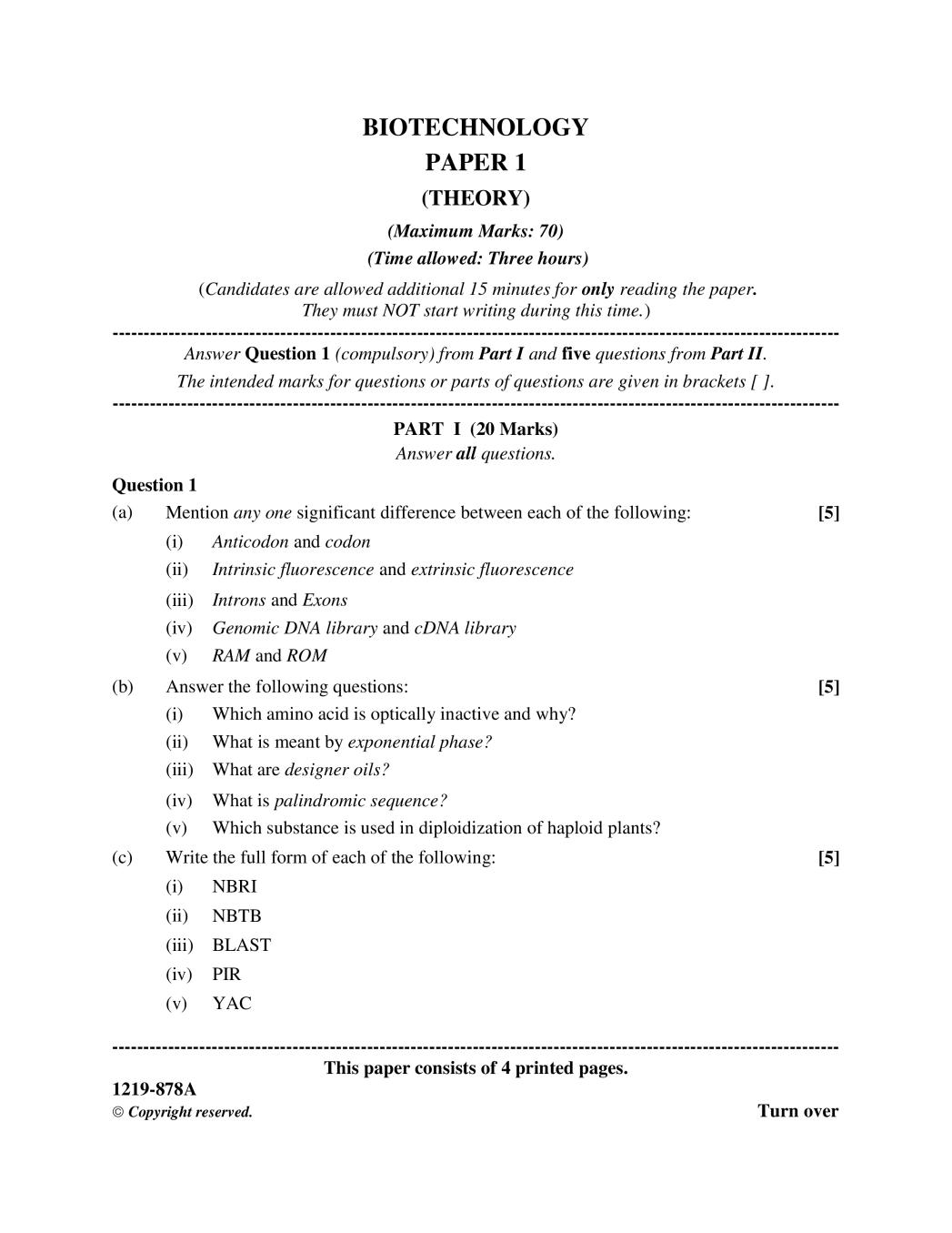 ISC Class 12 Question Paper 2019 for Biotechnology Paper 1 - Page 1