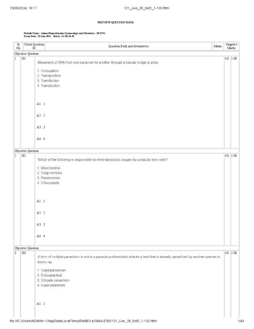 ICAR AICE JRF SRF (Ph.D) 2024 Question Paper Animal Reproduction, Gynae And Obstetrics - Page 1 of 43