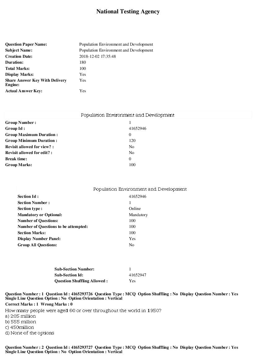 SWAYAM 2018 Question Paper Population Environment and Development - Page 1 of 17