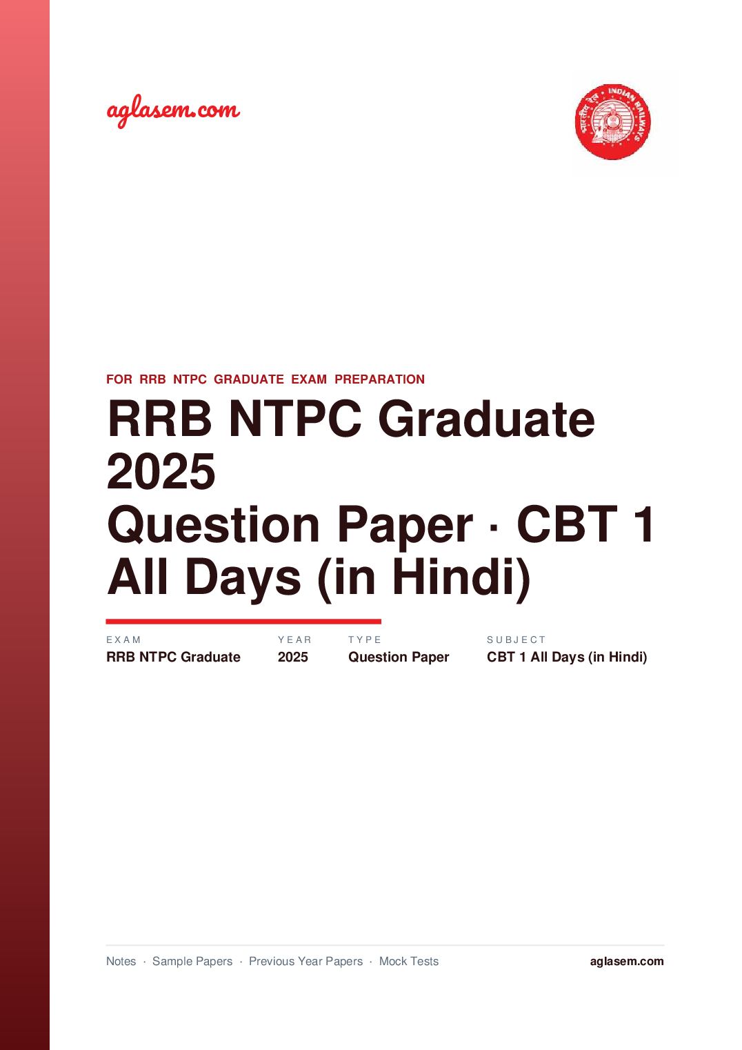 RRB NTPC Graduate 2025 CBT 1 Question Paper All Days (in Hindi) - Page 1 of 292