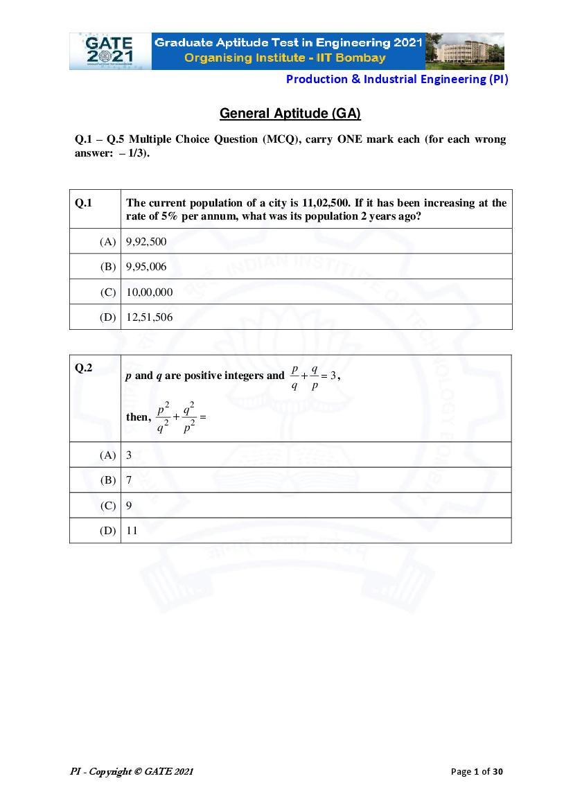 GATE 2021 Question Paper PI Production and Industrial Engineering - Page 1