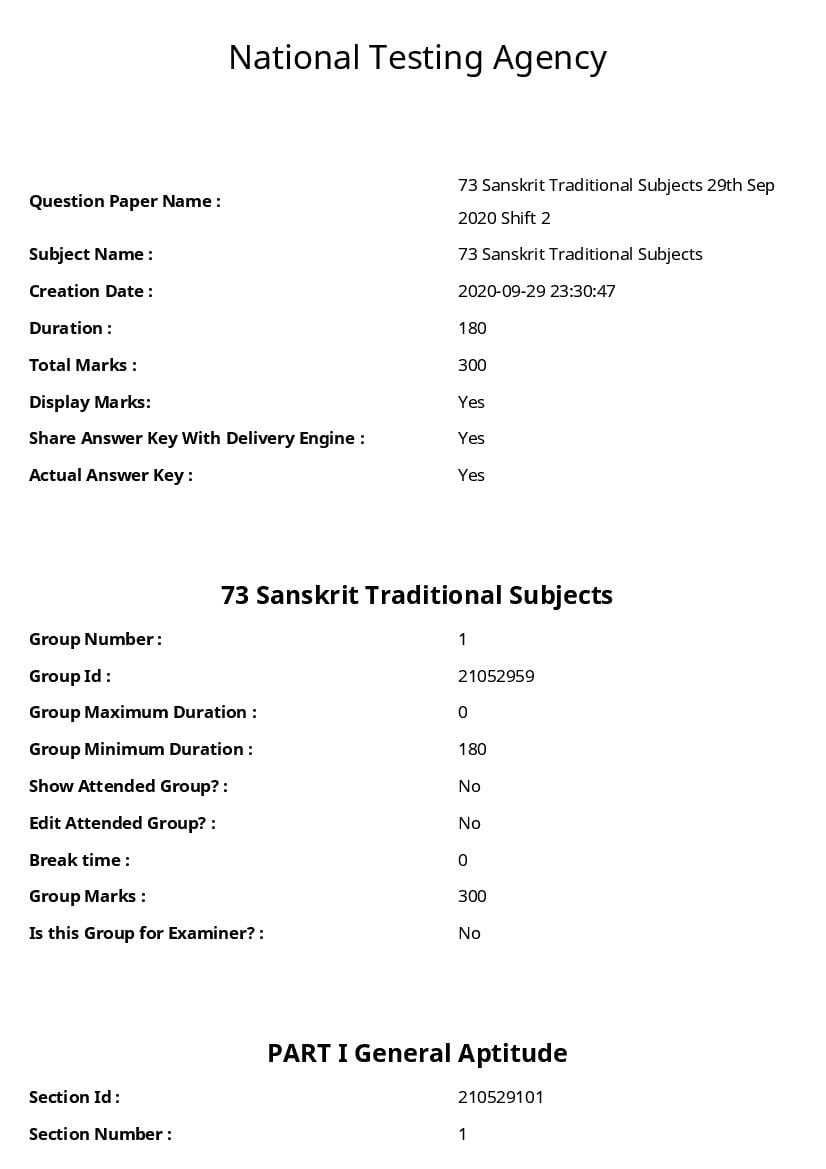 UGC NET 2020 Question Paper for 73 Sanskrit Traditional Subjects - Page 1