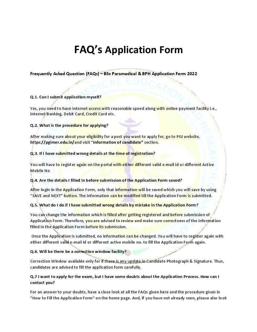 PGIMER Paramedical Admission 2022 FAQs - Page 1