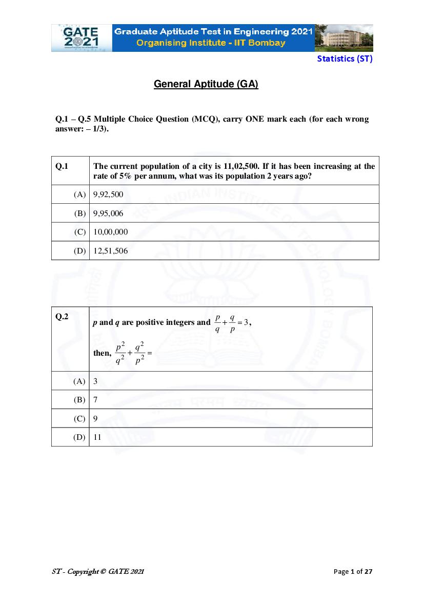 GATE 2021 Question Paper ST Statistics - Page 1