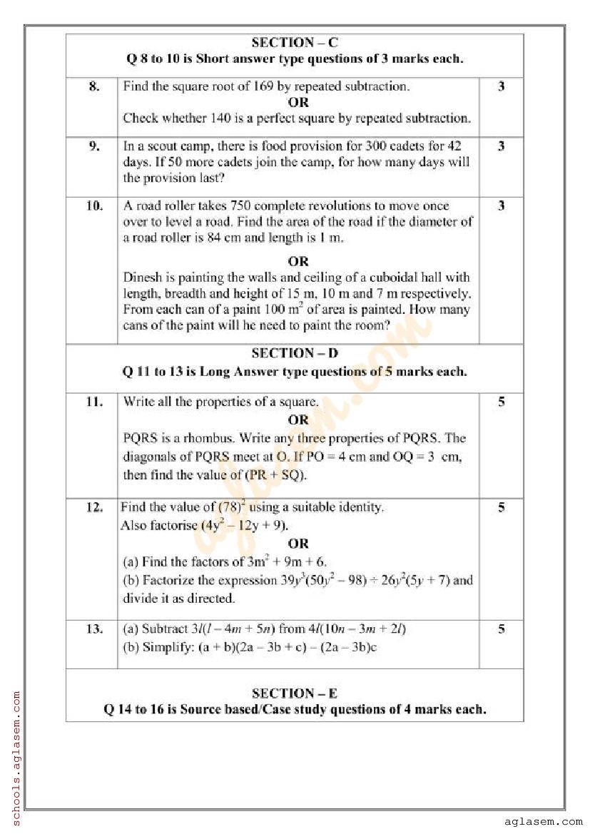 Class 8 Maths Sample Paper 2024 PDF Download Self Study Practice 