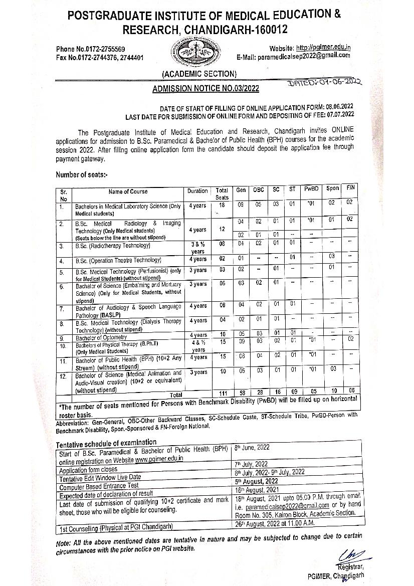 PGIMER Paramedical Admission 2022 Notification - Page 1