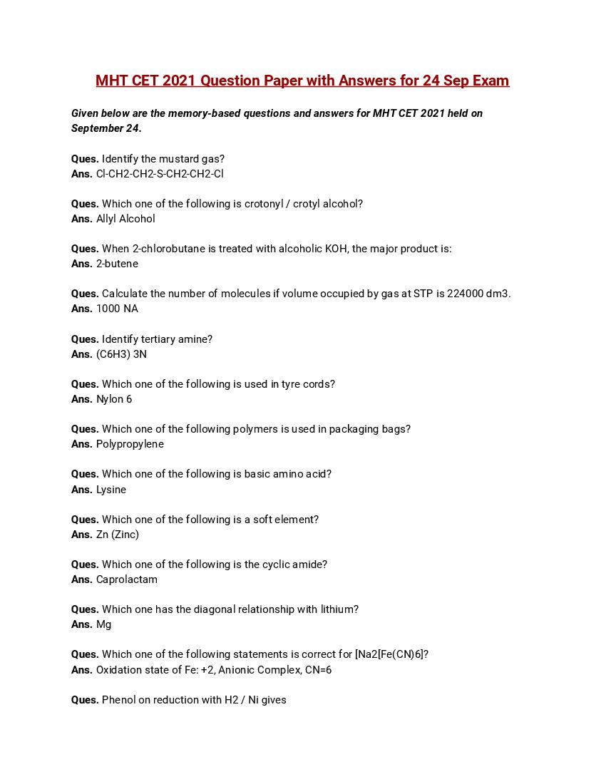 MHT CET 2021 Question Paper with Answers for 24 Sep Exam - Page 1