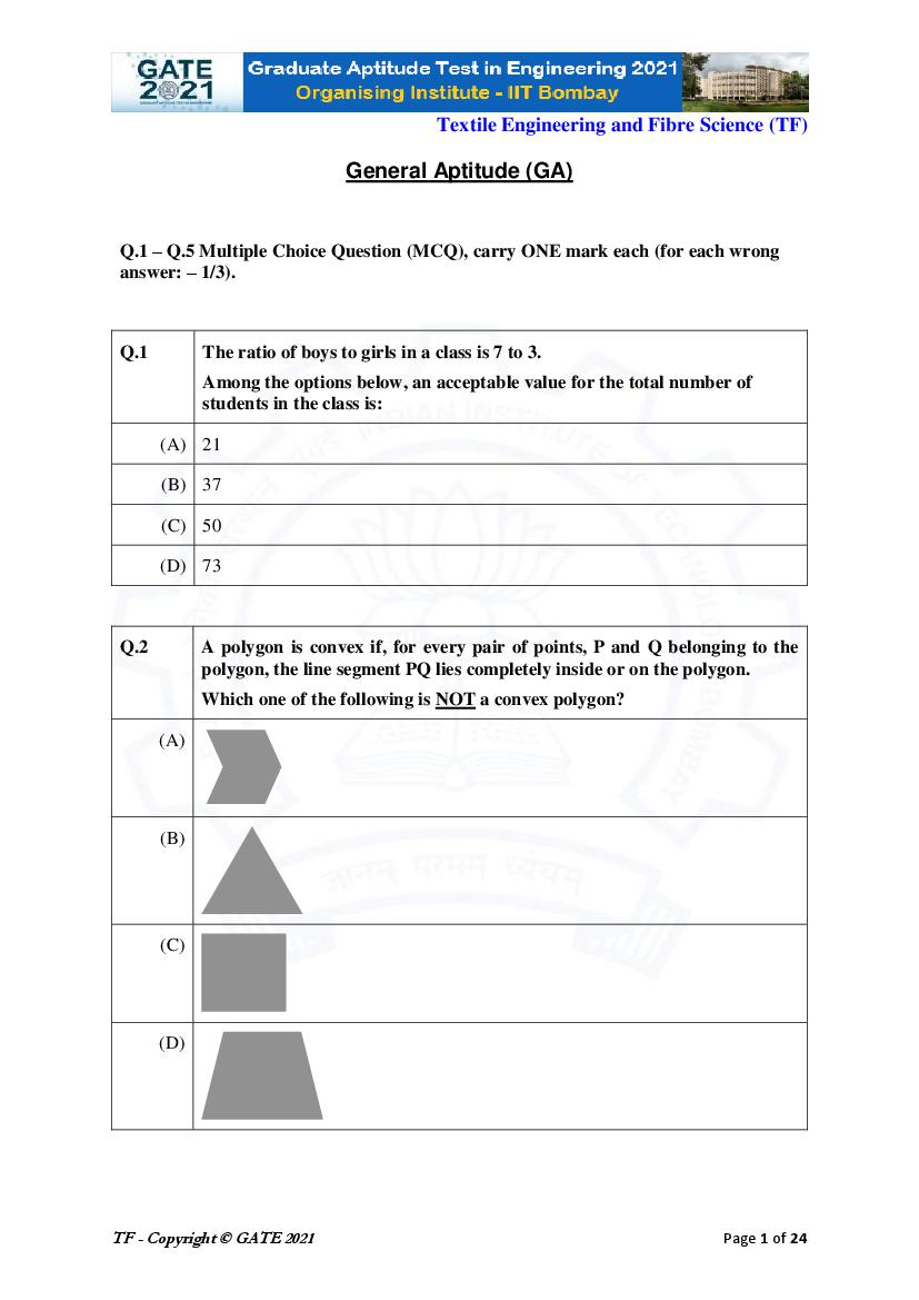 GATE 2021 Question Paper TF Textile Engineering and Fibre Science - Page 1