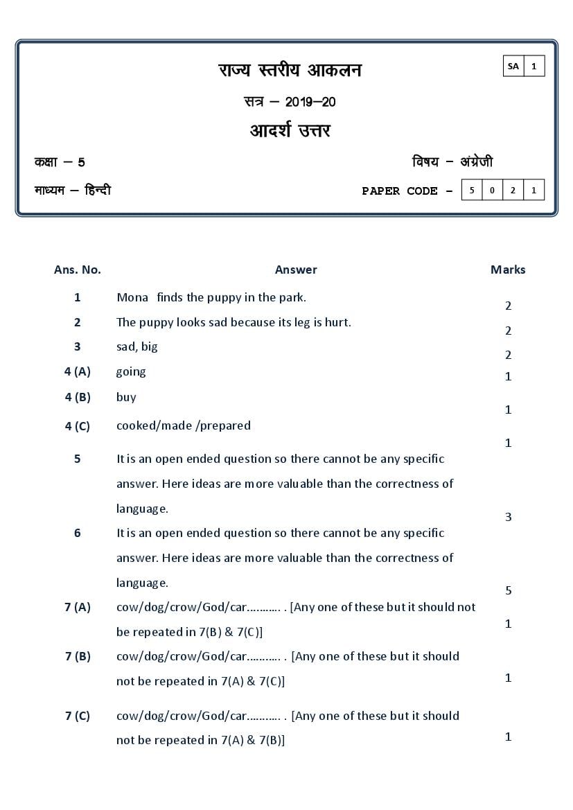 CG Board Class 5 Question Paper 2020 Solutions English (SA1) - Page 1