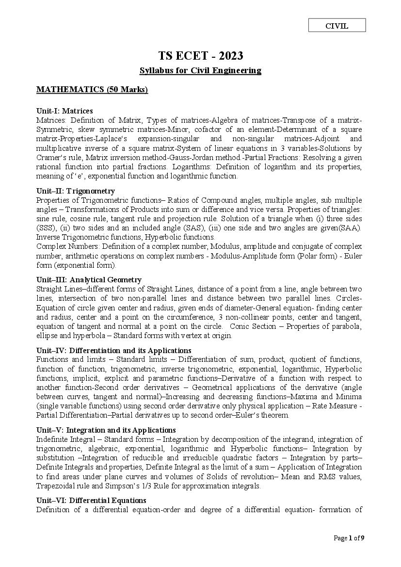TS ECET 2023 Syllabus Civil Engineering - Page 1