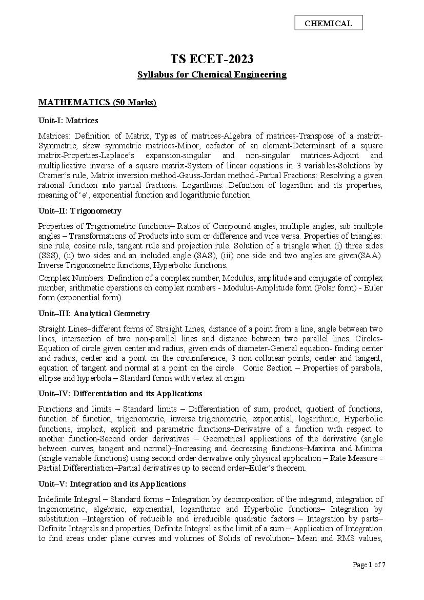 TS ECET 2023 Syllabus Chemical Engineering - Page 1 of 7