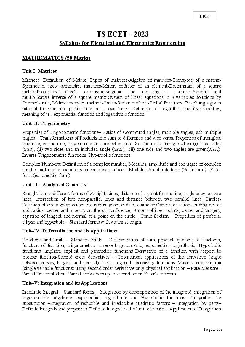 TS ECET 2023 Syllabus Electrical and Electronics Engineering - Page 1