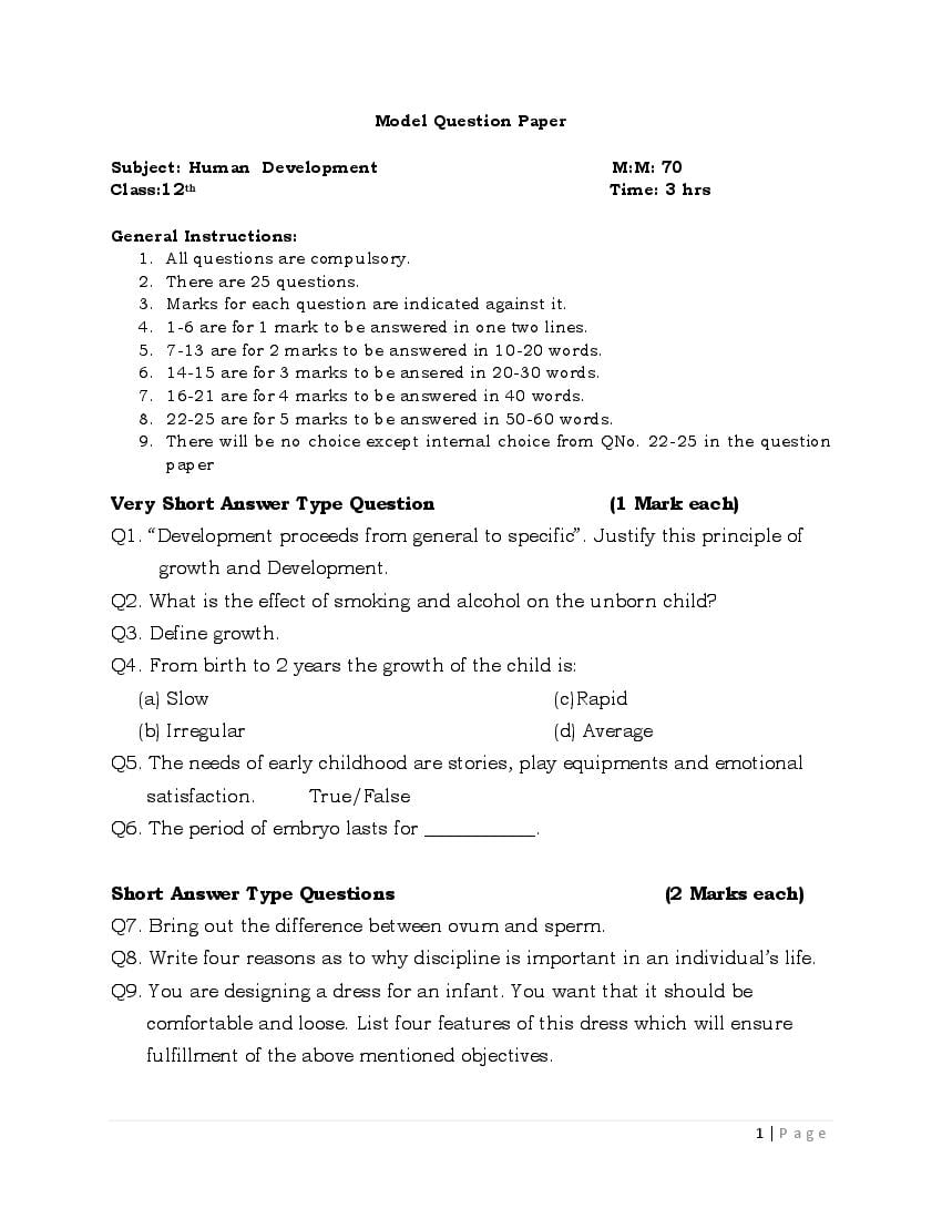 JKBOSE Class 12 Model Question Paper 2021 for Human Development - Page 1