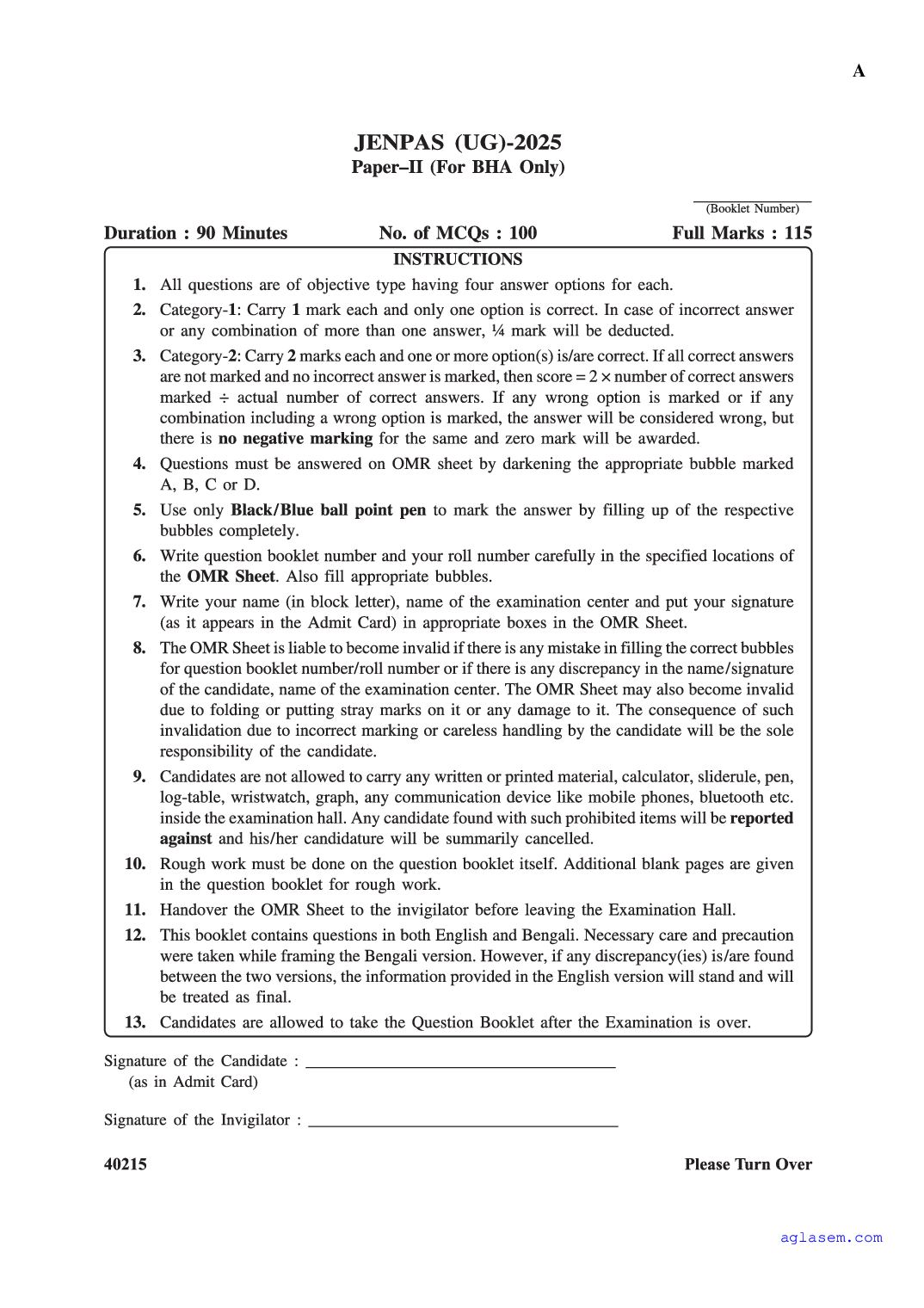 WBJEE JENPAS UG 2025 Question Paper (Paper 2) - Page 1 of 27