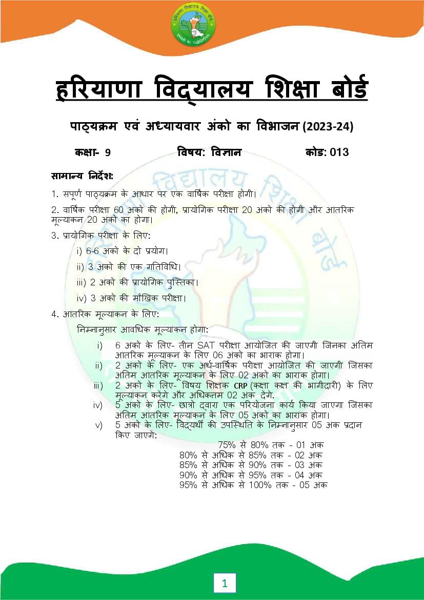 HBSE Class 9 Syllabus 2024 Science - Page 1