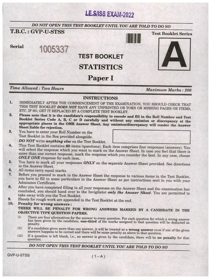 UPSC IES ISS 2022 Question Paper Statistics Paper 1 - Page 1