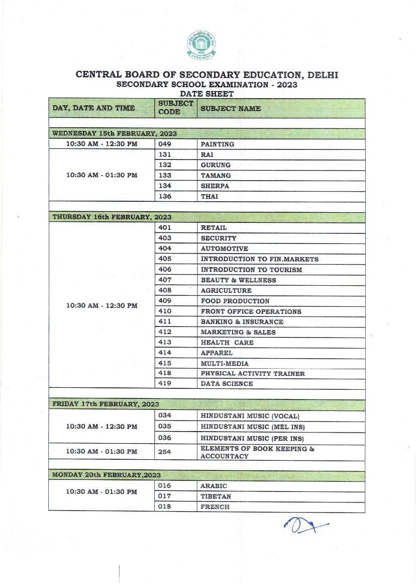 CBSE Class 10 Date Sheet 2023 - Page 1
