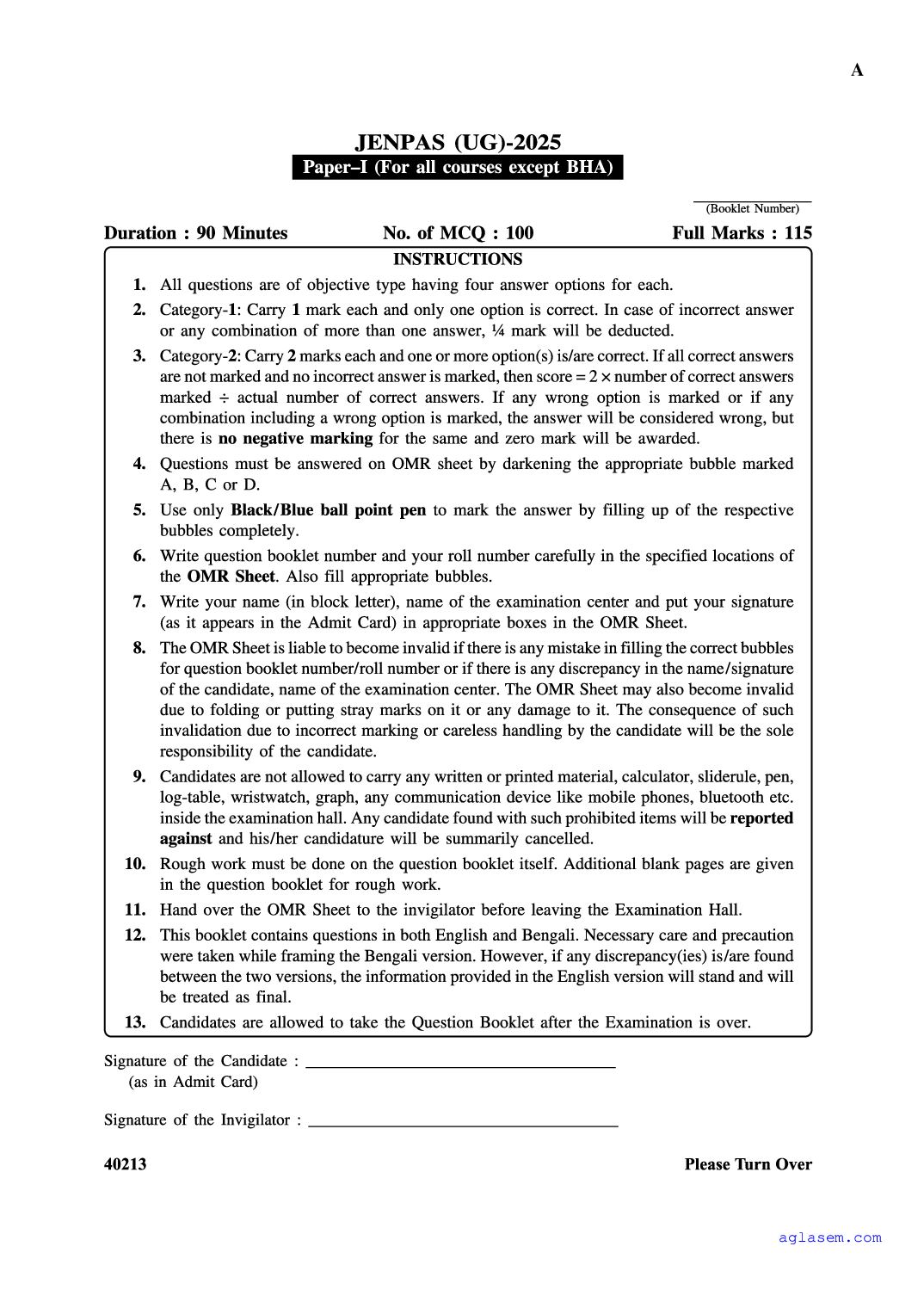 WBJEE JENPAS UG 2025 Question Paper (Paper 1) - Page 1 of 36