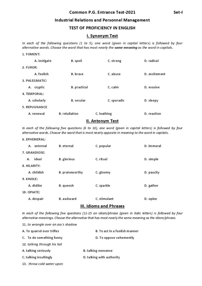 Odisha CPET 2021 Question Paper Industrial Relations and Personnel Management - Page 1