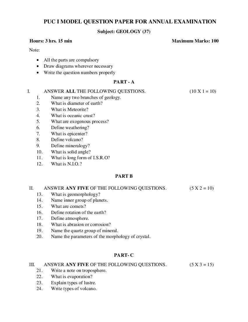 Karnataka 1st PUC Model Question Paper 2022 for Geology - Page 1