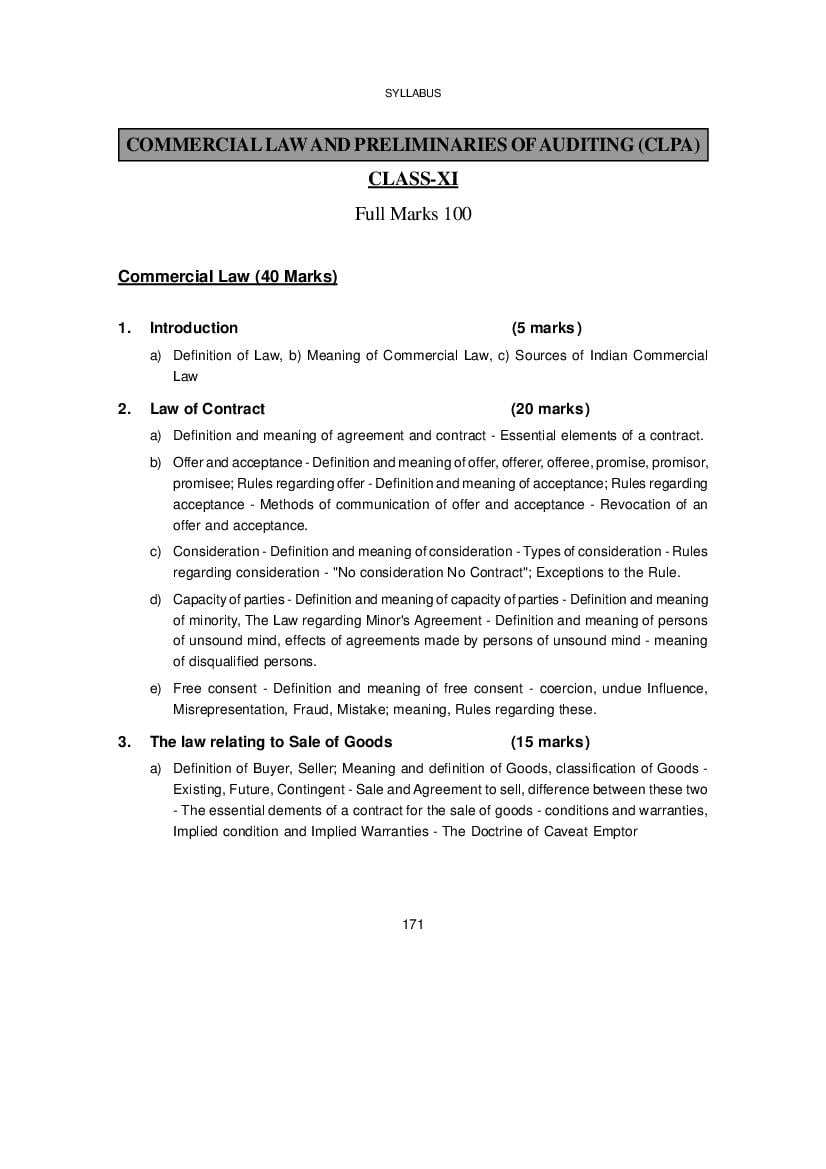 WBCHSE Class 11 Syllabus for Commercial Law and Preliminaries Of Auditing - Page 1