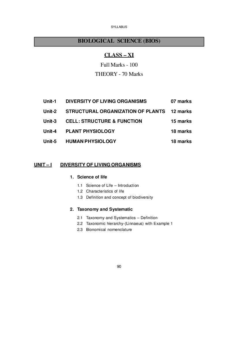 WBCHSE Class 11 Syllabus for Biological Science - Page 1