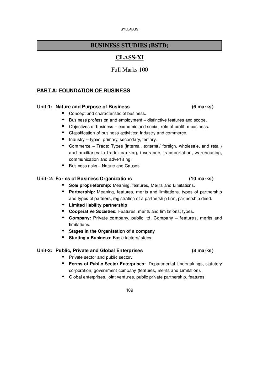 WBCHSE Class 11 Syllabus for Business Studies - Page 1