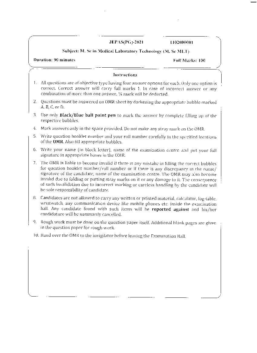 JEMAS PG 2021 Question Paper M.Sc MLT - Page 1