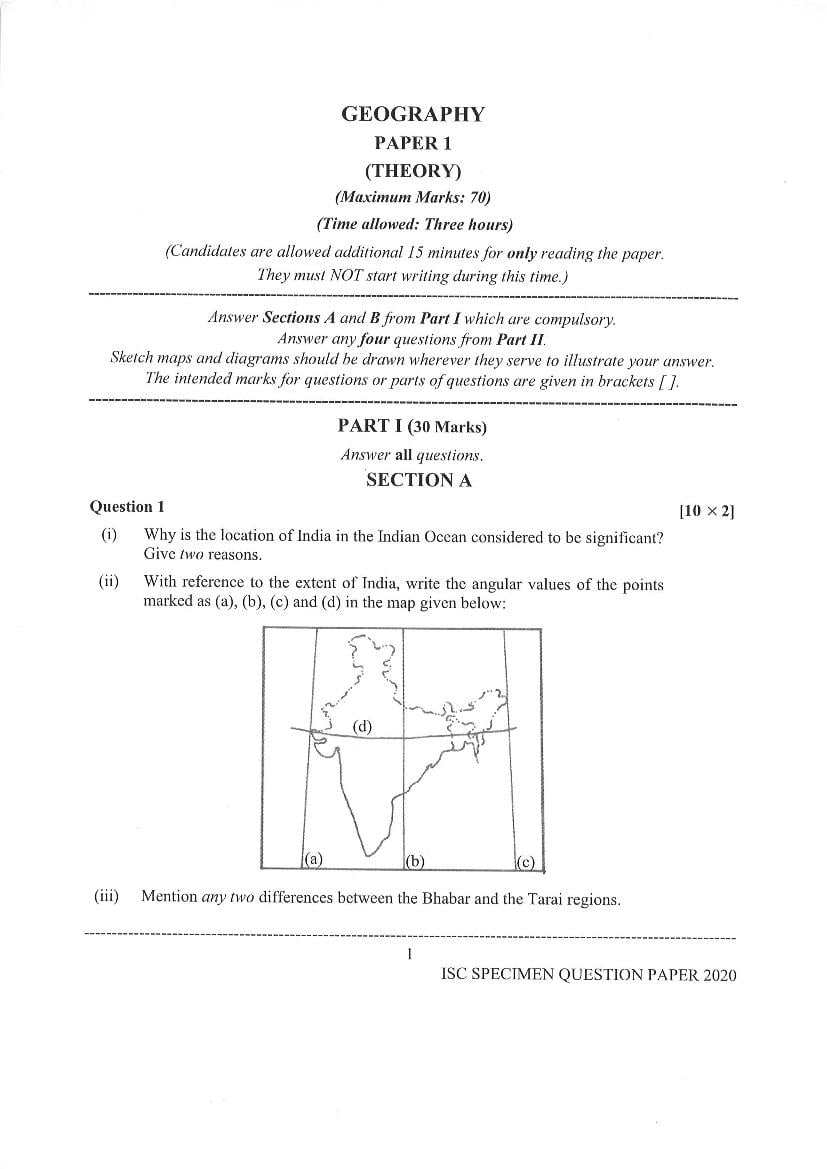 ISC Class 12 Specimen Paper 2020 Geography