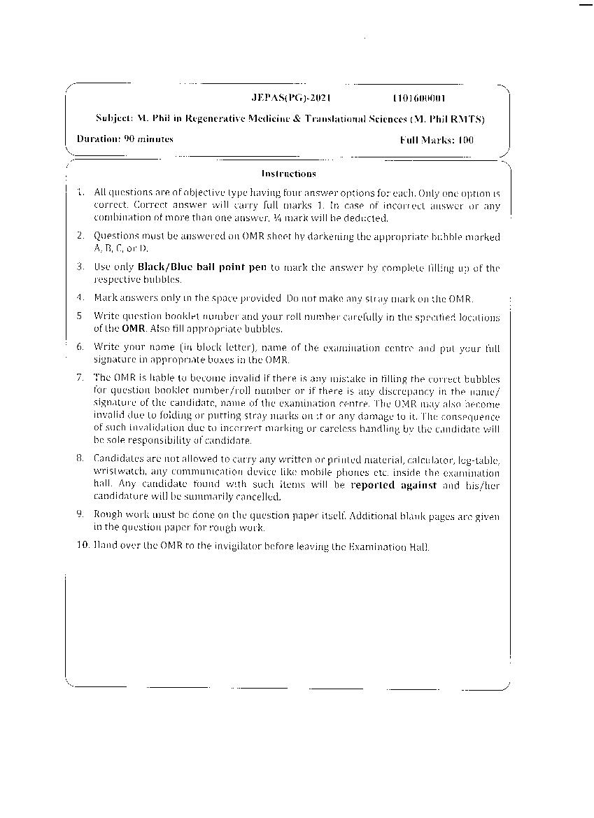 JEMAS PG 2021 Question Paper M.Phil RMTS - Page 1