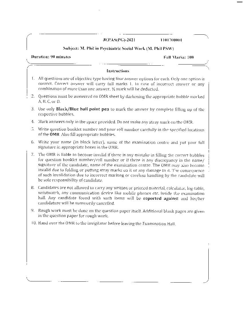 JEMAS PG 2021 Question Paper M.Phil PSW - Page 1