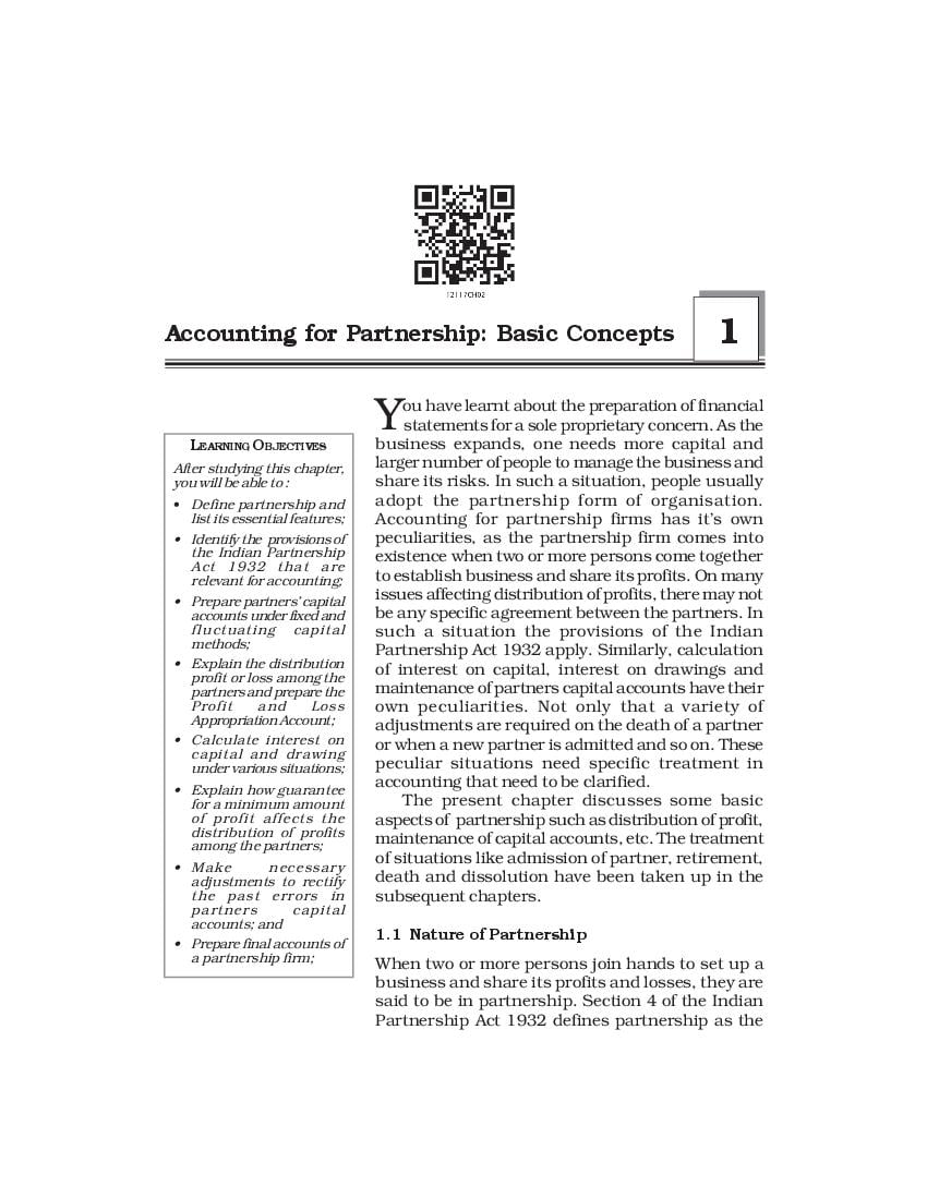 NCERT Book Class 12 Accountancy (Part 1) Chapter 1 Accounting for Partnership: Basic Concepts - Page 1