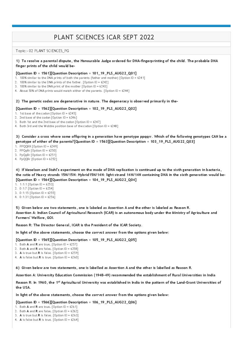 ICAR AIEEA PG 2022 Question Paper Plant Sciences - Page 1