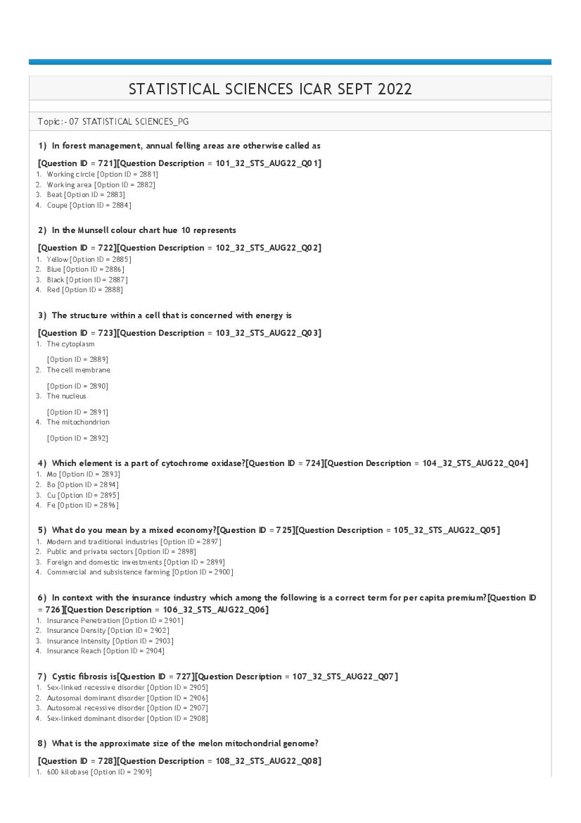 ICAR AIEEA PG 2022 Question Paper Statistical Science - Page 1