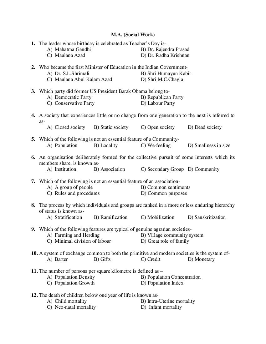 PU CET PG 2019 Question Paper M.A. _Social Work_ - Page 1