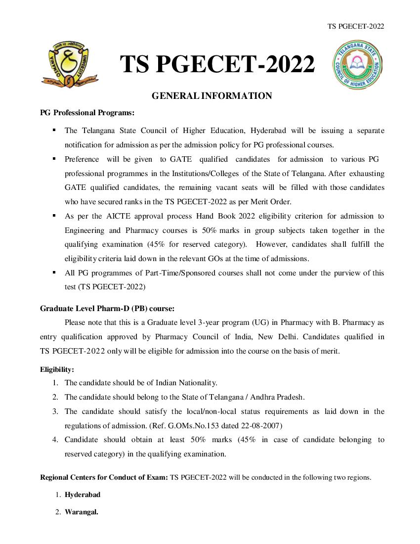TS PGECET 2022 General Information - Page 1