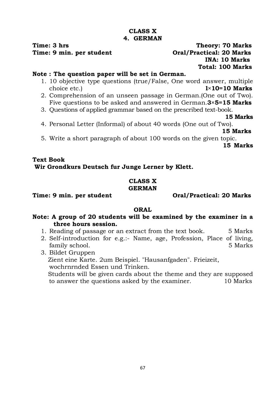 PSEB Syllabus 2020-21 for Class 10 German - Page 1