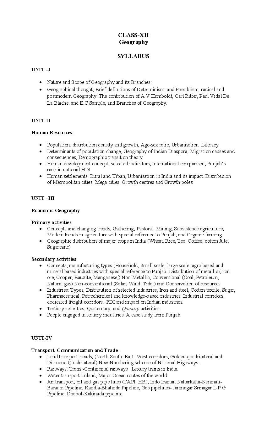 PSEB 12th Class Syllabus 2023 Geography - Page 1