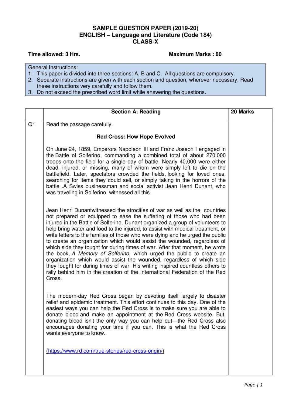 CBSE Class 10 Sample Paper 2020 for English (Language & Literature) - Page 1