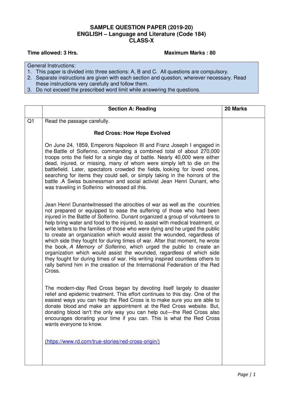 CBSE Class 10 Sample Paper 2020 For English Language Literature 