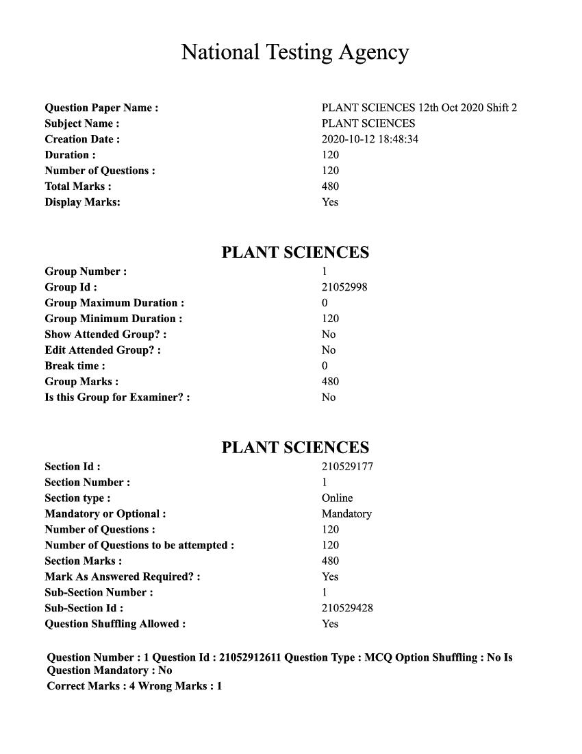 AICE JRF SRF 2020 Question Paper Plant Sciences